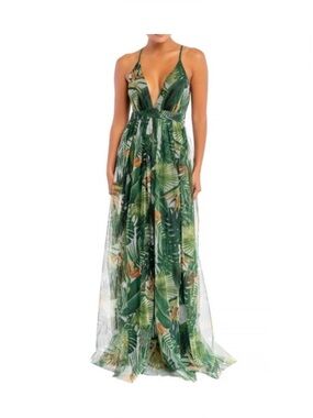 luxxel green dress Tropical Leaves Katia Scrunch Maxi Dress GREEN from Luxxel exclusive